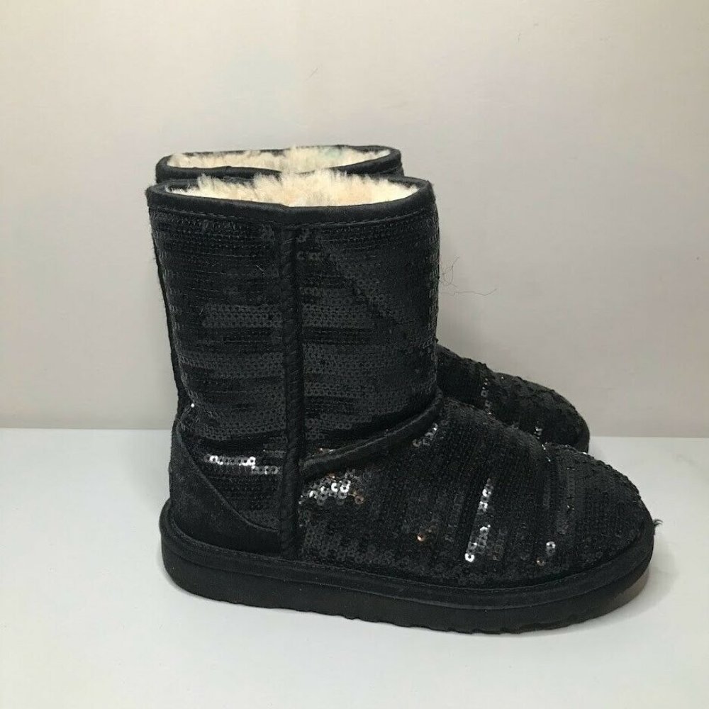 UGG Classic Short Cosmos Sequin Youth 2 Shearling Lined Boots Black Pull On